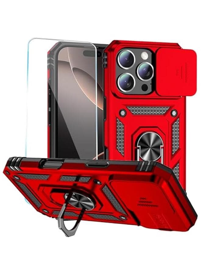 Phone Case for iPhone 16 Pro Max Case with HD Screen Protector u0026 Slide Camera Cover u0026 Rotated Ring Kickstand, Phone Case for iPhone 16 Pro Max 6.9, Red