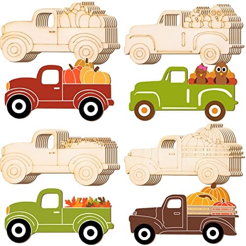 32 Pcs Thanksgiving Unfinished Wooden Cutout Fall Truck Pumpkin Cutout Blank Truck Shape Wooden Ornament for DIY Thanksgiving Fall Party Decoration 4 Styles