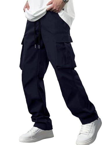 Comdecevis Men's Casual Cargo Pants Workout Joggers Stretch Sweatpants Hiking Drawstring Tactical Pants with Multi Pockets Blue