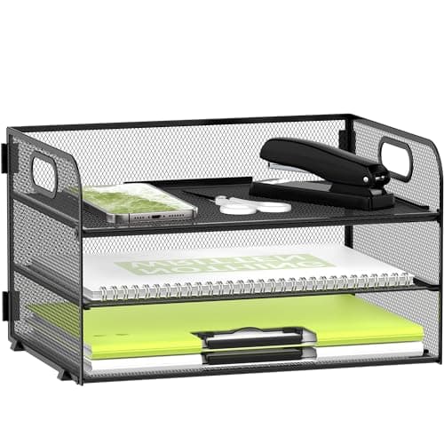 Daltack 3Tier Paper Organizer with Handle Mesh Desk Organizer Letter Tray Paper Tray Organizer File Organizer for A4 File Folder Black