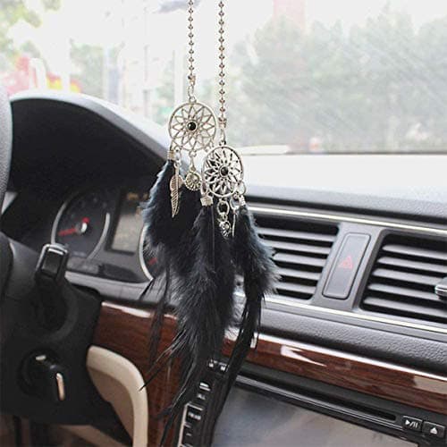 Car Rear View Mirror Hanging Pendant Feather Dream Catcher Crystal Charm Bling Car Deco Accessories for Women Black