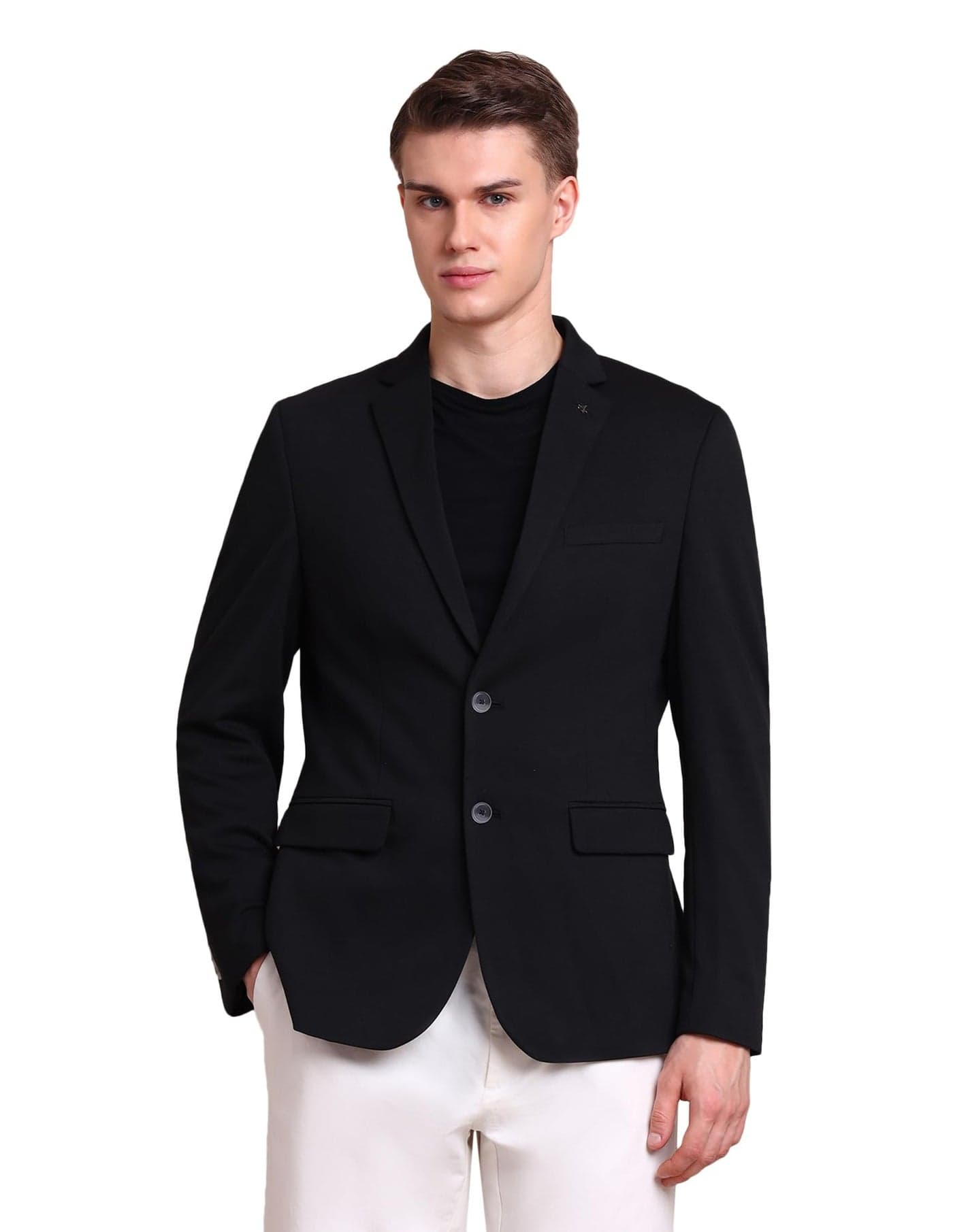Arrow Solid Pattern Mens Blazer - Knitted, Six Pockets with Double Button Closure Single Breasted Blazers - 44, Black