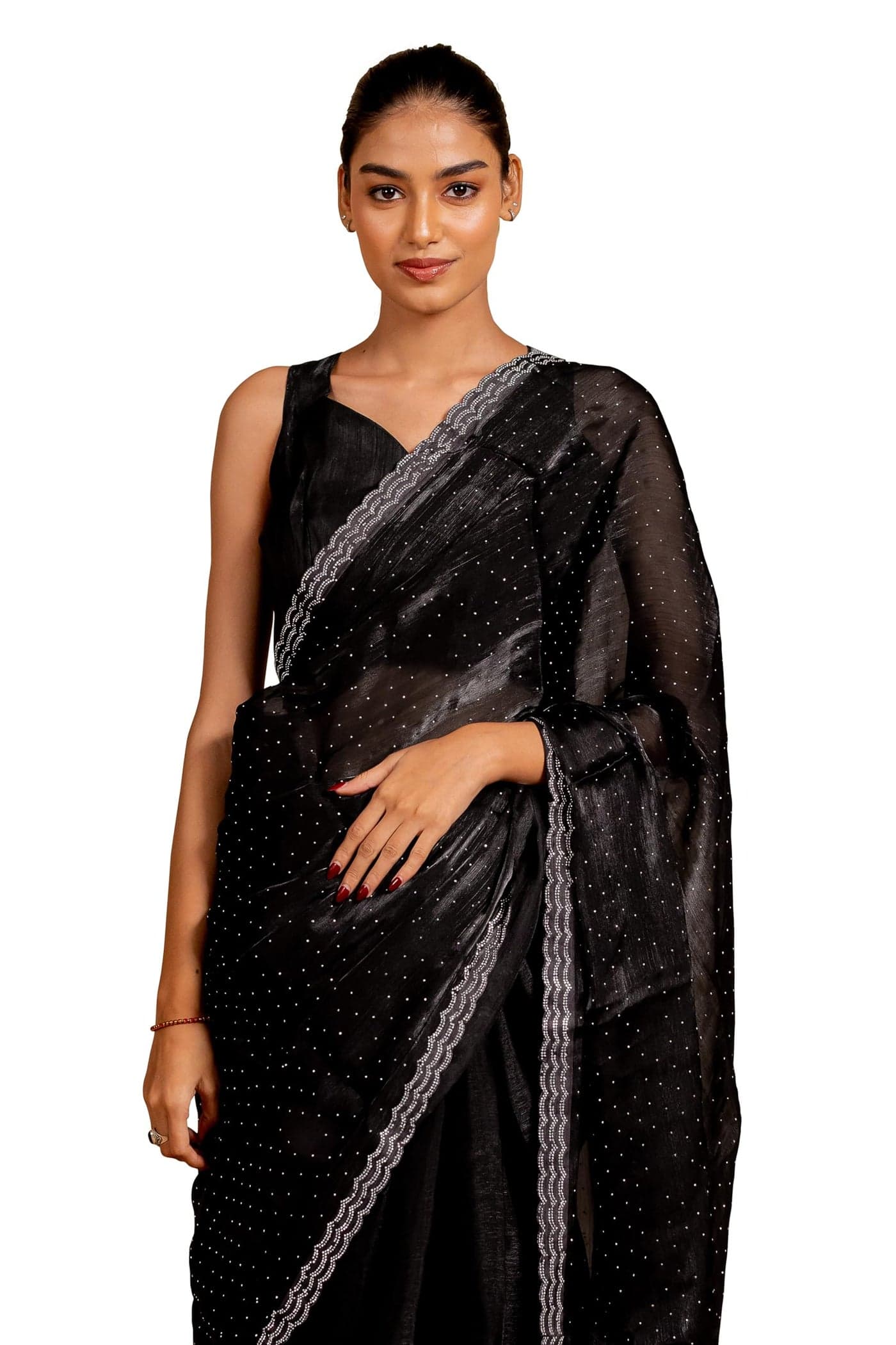 Subham Women's Jemmi Chu Stone Work Solid Saree with Blouse Piece (43904 - Black)