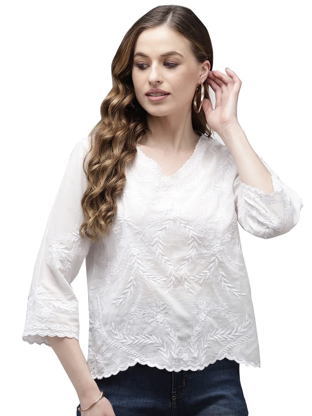 ishin White Floral Embroidered Regular Crop Top