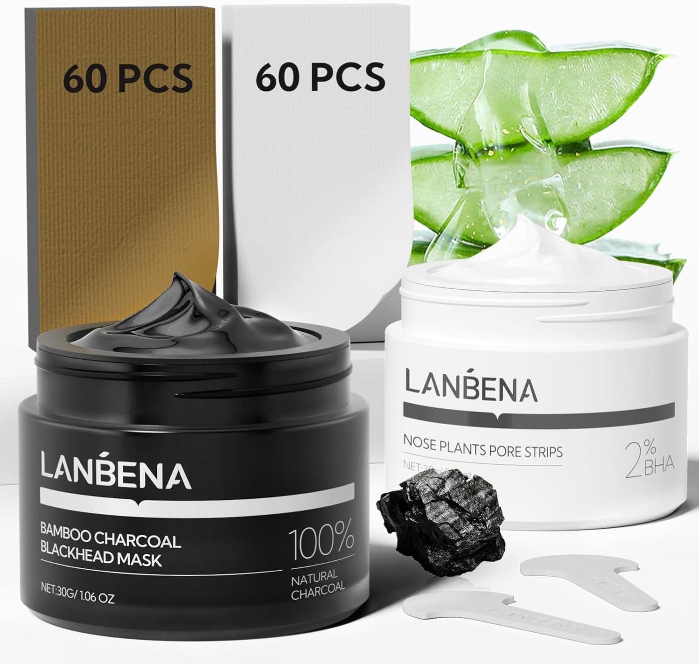 LANBENA 2Pack Pore Strips 2 Salicylic Acid BHA Nose Strips Bamboo Charcoal Blackhead PeelOff Mask Deep Cleansing Purifying Pore Treatment for Blackhead Oil Removal PlantBased Skincare Duo