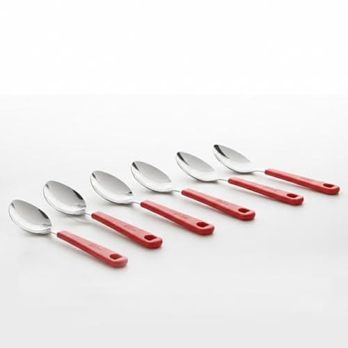 SUPERMOM Spoon Set for Kitchen 6 Pc – Stainless Steel Tea Spoon with Comfortable Plastic Handle – Durable Rust-Resistant Spoon Set for Kids Cutlery, Tea, Coffee, Desserts Eating & Daily Dining (Red)