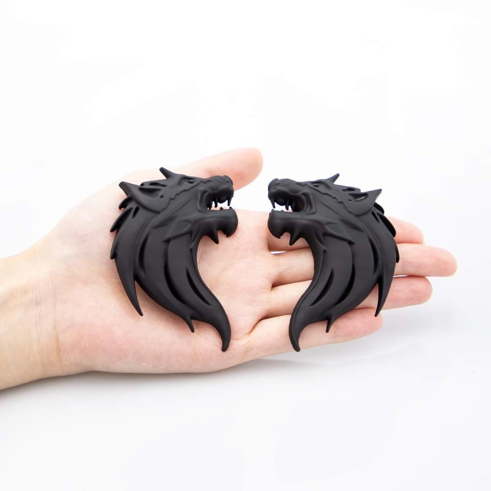 CARRUN 2pcs 3D Wolf Head Metal Emblem Car Motorcycles Side Fender Rear Styling Emblem Badge Decal Black
