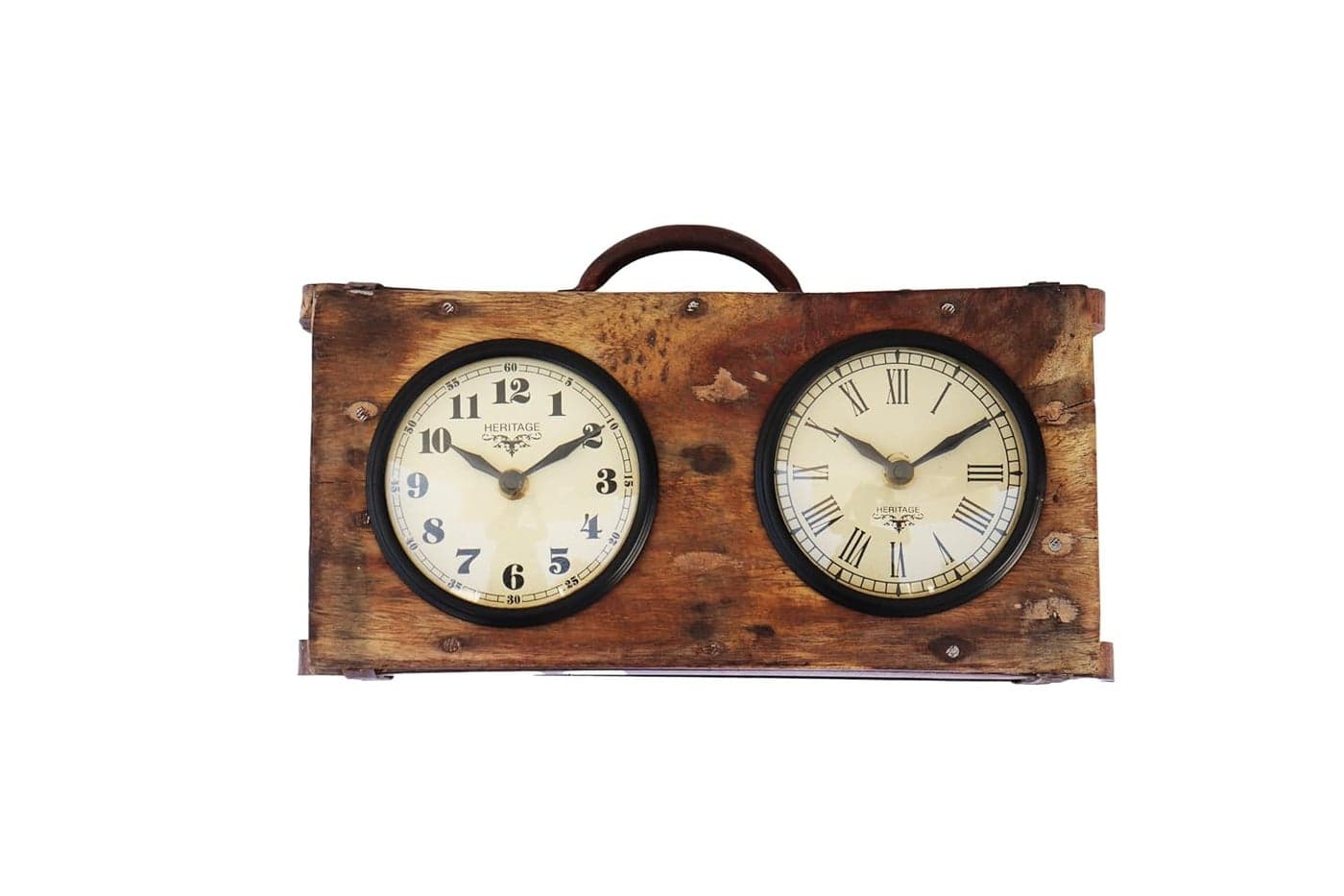 DeKulture Reclaimed Wood Dual Dial Table Clock EcoFriendly Vintage Desk Clock Handcrafted for Living Room Dining Room or Office 31x10x17cm