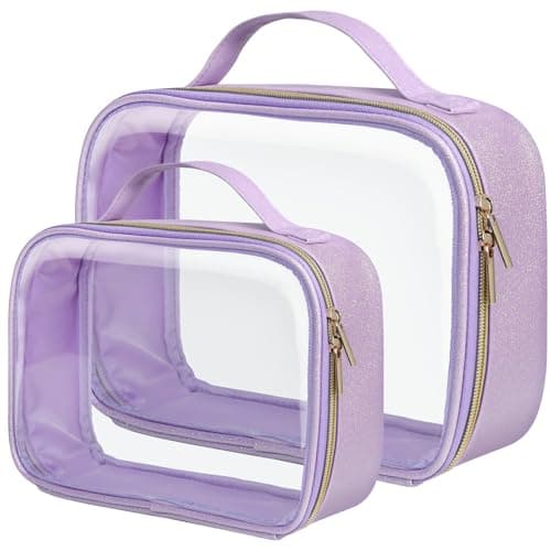 PACKISM TSA Approved Toiletry Bag Glitter Textured Clear Travel Bag Personalized and Fashion with 180 Large Opening and Supporting Frame Perfect for Travel Essentials Thick No Smell Purple