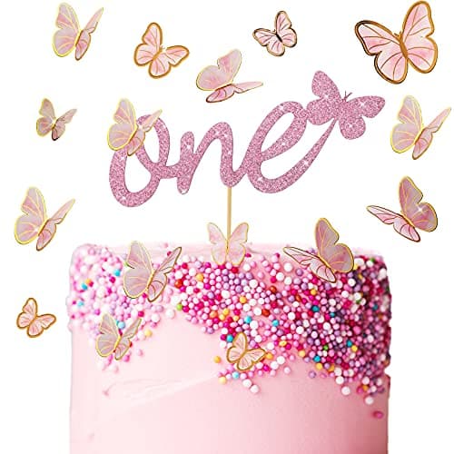 1 Set One Birthday Cake Topper 1st Rose Golden Birthday Cake Topper Glitter Butterfly Cake Topper for 1st Birthday Party Supplies Baby Shower Theme Decorations