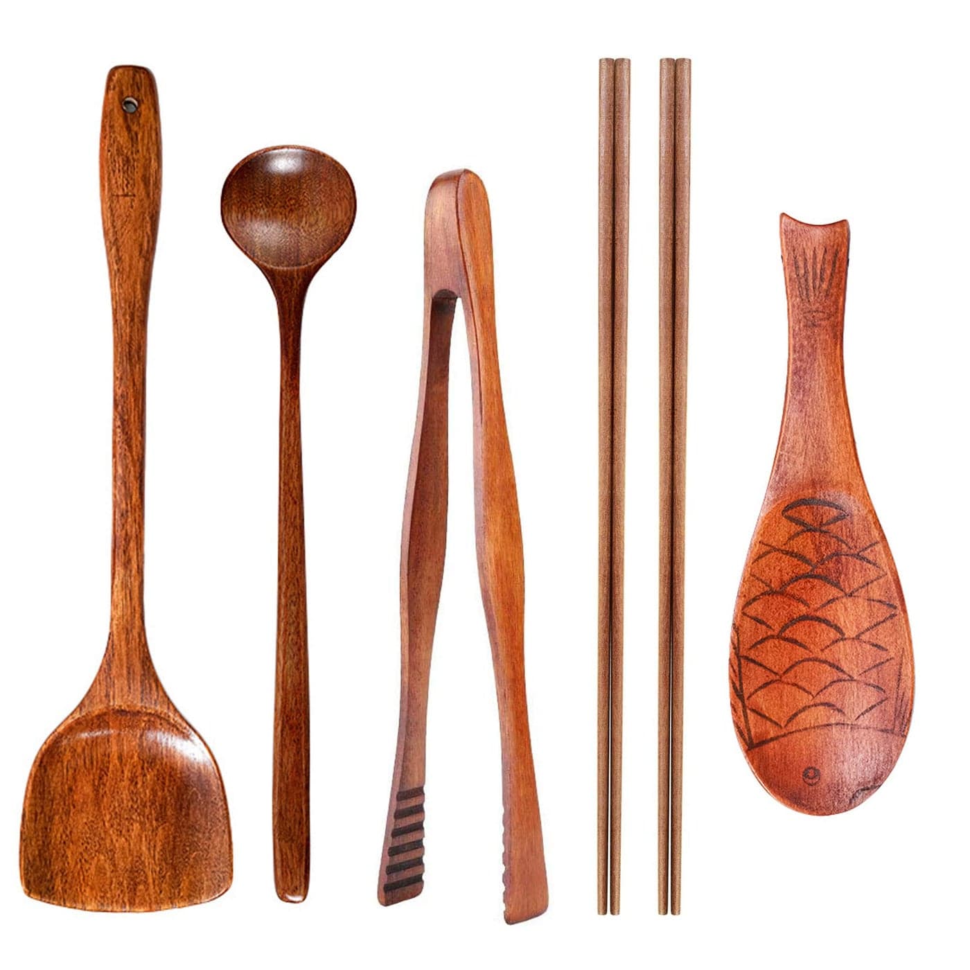 FJNATINH Wok Utensils 6 PCS Wooden Cooking Tools Wooden Spatula Barbecue Tongs Wok Shovel Cooking Chopsticks Long Spoons Nanmu Fish Shaped Rice Spoon