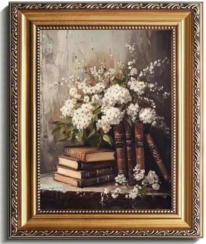 uniro Vintage Gold Framed Wall Art Moody Books and Flowers Canvas Art Prints Painting Antique Dark Academia Decor Rustic Floral Wall Decor Frame Art for Bedroom Gallary Living Room Office Cottagecore decor 9x12Inch