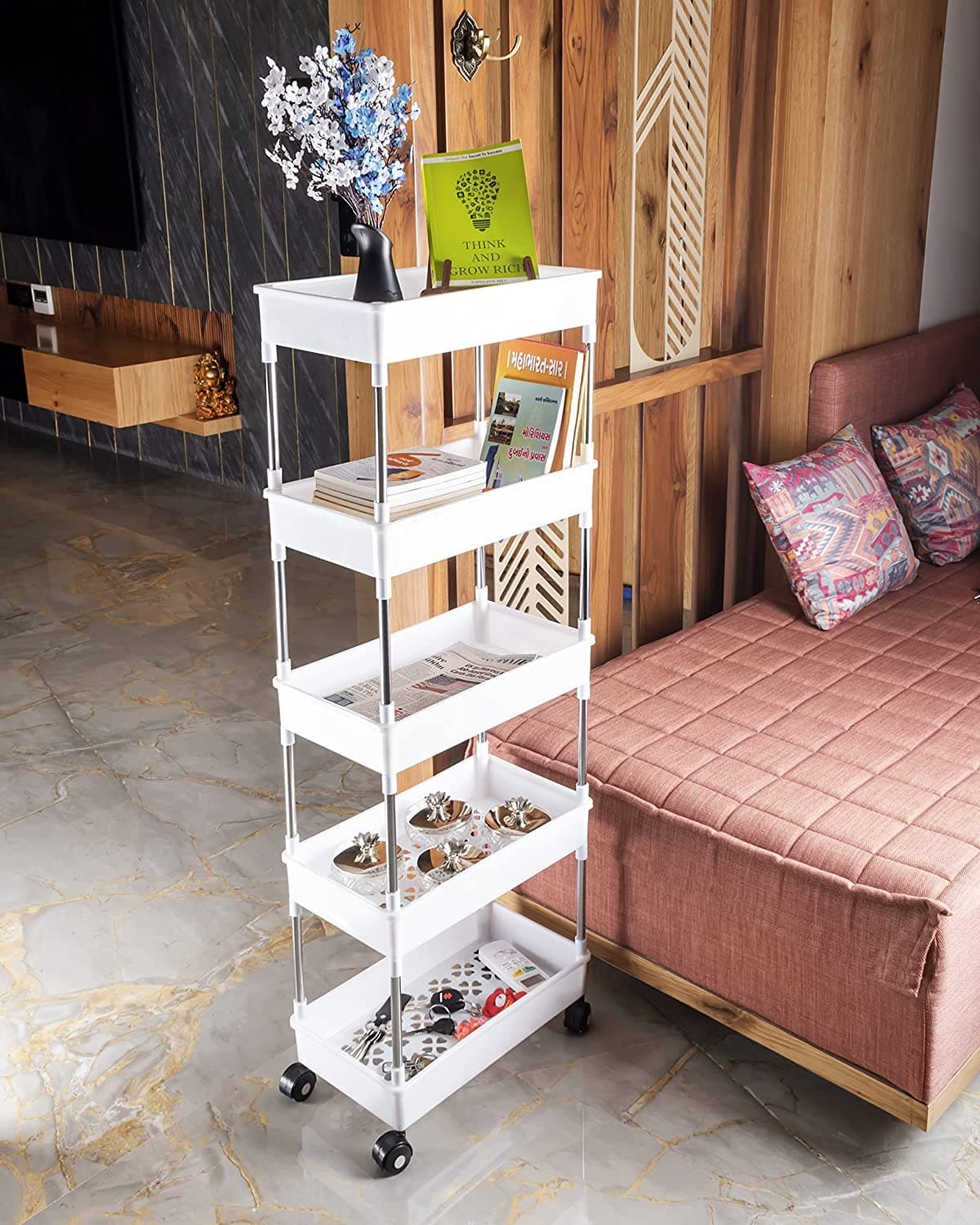Rasvesh 5 Layer Plastic Kitchen Storage Trolley Rack with Caster Wheels Rolling Utility Plastic Kitchen Trolley