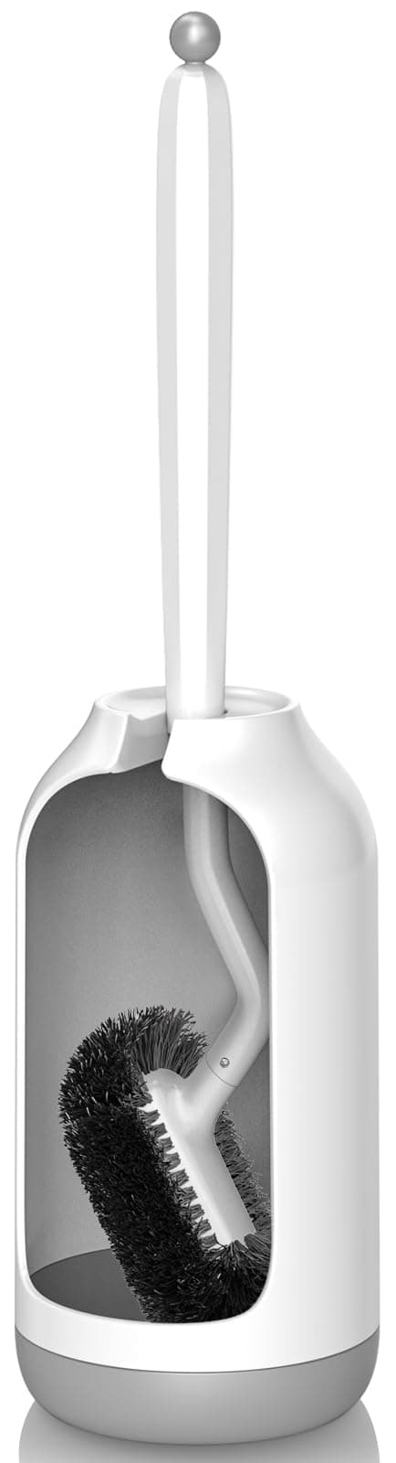 HAMITOR Toilet Bowl Brush Holder Set Bathroom Deep Cleaning Toilet Cleaner Scrubber Under Rim with Curved Bristle for Dead Corner Clean Hidden Rv Toilet Decorative Accessories with Caddy White