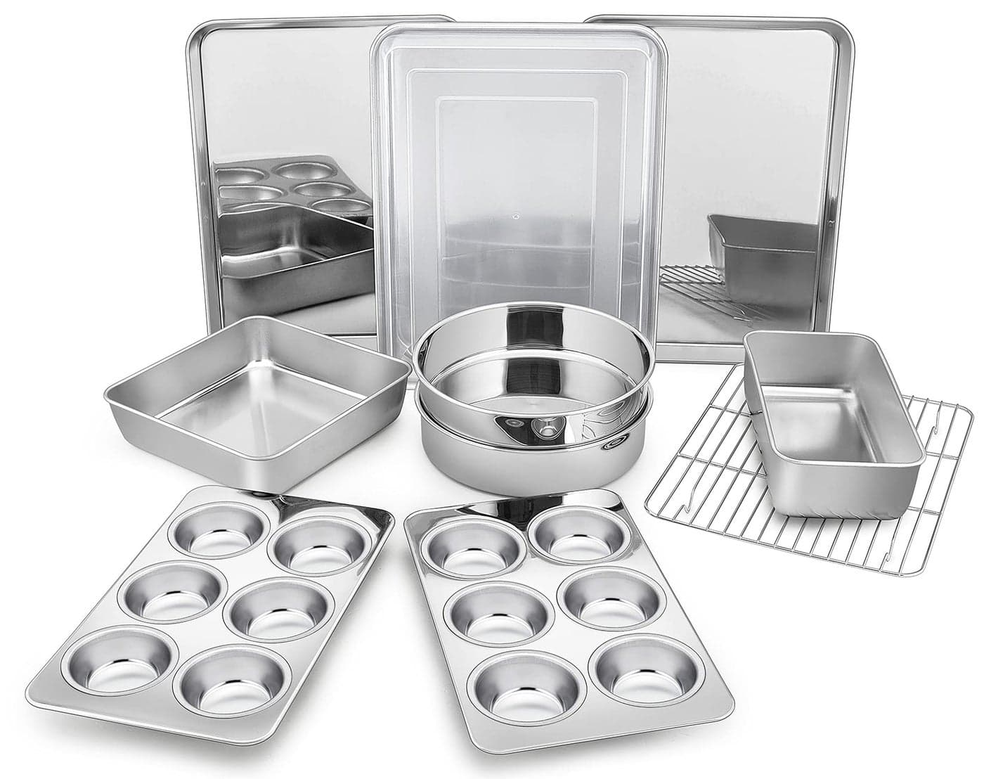 Bakeware Sets of 11 PP CHEF Stainless Steel Baking Pans Set Includes Baking Sheets and Rack Lasagna Pan with Lid RoundSquare Cake Pan Muffin Pans Loaf Pan Reusable Durable