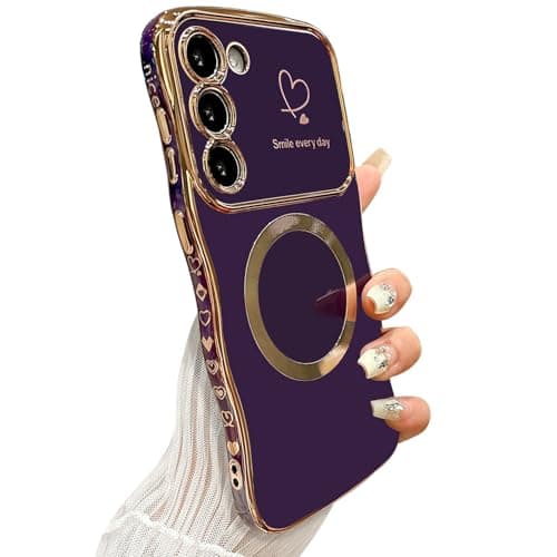 ZONRW for Samsung Galaxy S23 Case Magnetic,for Women Girls Soft Cute Wave Frame Curly Shape Love Heart Luxury Plating Phone Case Compatible with MagSafe Shockproof Back Cover 6.1"-Dark Purple
