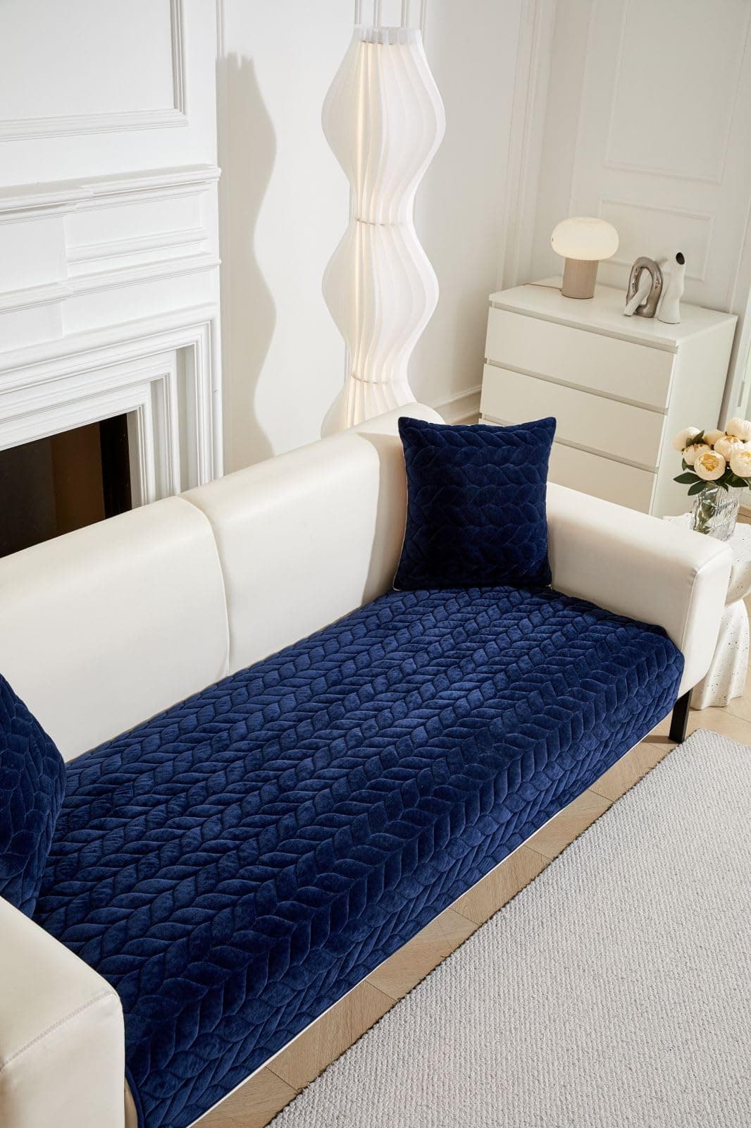 HOMETHREADS Innovative Premium Velvet Sofa Cover Mat with PVC Backing for Non-Slip Comfort (Braid_Navy, 70x70cm)