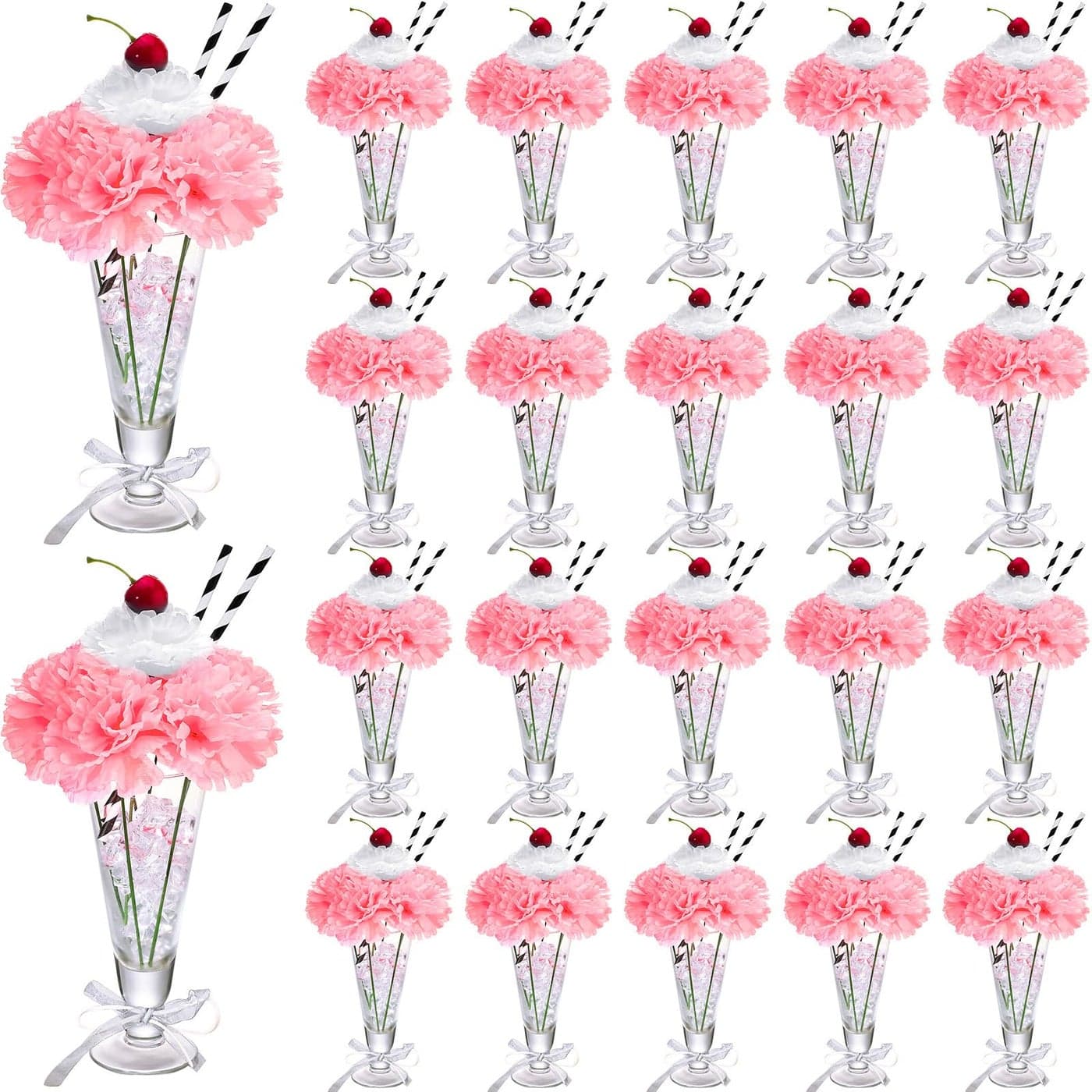 WILLBOND 20 Sets Pink Carnations Artificial Flowers 50s Theme Party Decorations Include White Pink Carnation Lifelike Cherries and Paper Straws for Sock Hop Rock and Roll Grease Party Decorations