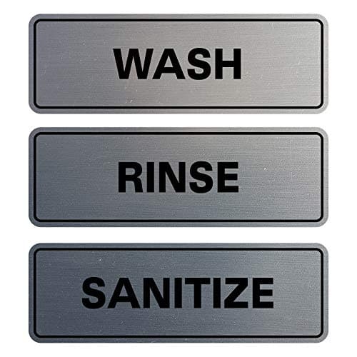 All Quality Standard WASH RINSE SANITIZE Set of 3 Bay Sink Signs - Restaurant & Commercial Kitchen Sink Signs - Easy Install - Silver (Medium)