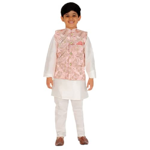 Pro-Ethic Style Developer Kurta Pajama For Kids Boys With Waistcoat | Silk | Floral | Traditional Dress (S-209), 3-4 years, Pink