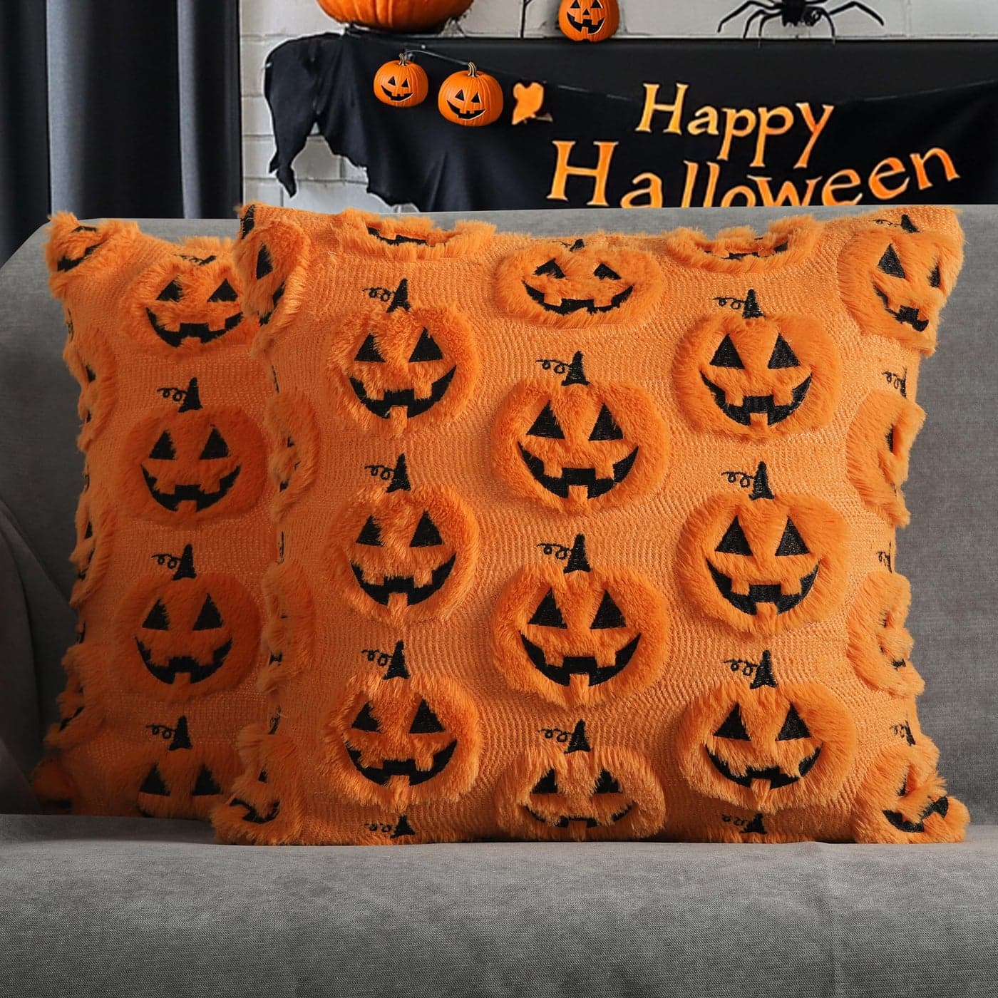 4TH Emotion Halloween Pumpkin Decorative Pillow Covers 18x18 Set of 2 Orange Soft Plush Faux Fur Farmhouse Throw Cushion Cases for Fall Autumn Holiday Home Decorations