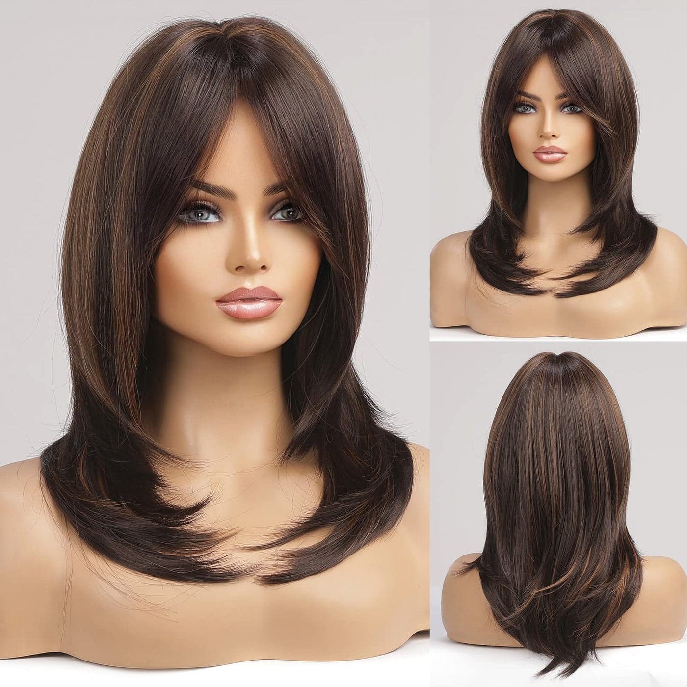 Alanhair Brown with Blonde Highlight Wigs for WomenShoulderLength Wig with Bangs Synthetic Hair Layered Wigs Heat Resistant Fibre Natural and Realistic