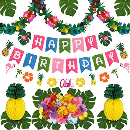zilue Hawaiian Party Decorations Luau Birthday Party Decorations Hawaiian Birthday Banner Palm Leaves Hibiscus Flowers Paper Pineapples Flamingo Tropical Garland for Summer Beach Moana Party Decor