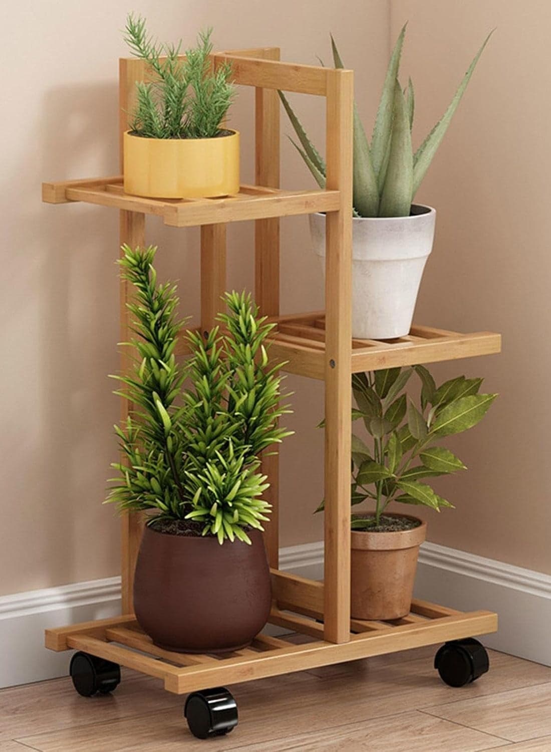 Bamboo Rolling Plant Stand Indoor Outdoor, Multiple Flower Pot Holder Shelf Display Stand with Wheels, Tiered Planter Display Shelving Unit for Patio Garden Corner Balcony Living Room,3 Tiers