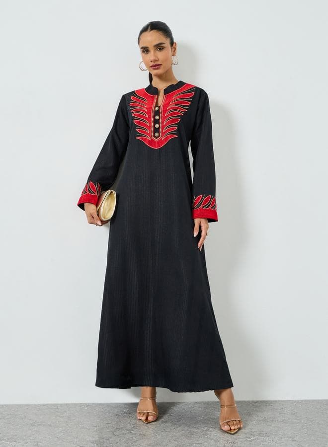 Black Threadwork Embroidery Stand Collar Jalabiya