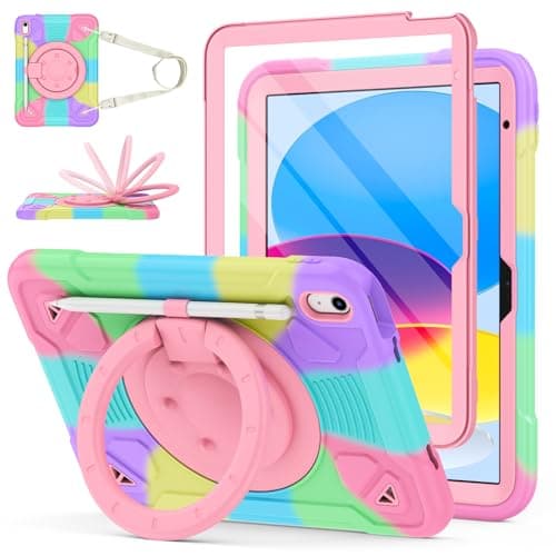 Hogenl for iPad A16 Case 11th Generation 11 inch 2025 /iPad 10th Generation Case 10.9 inch 2022, with Screen Protector, 360° Rotating Stand, Shoulder Strap, Pencil Holder for Kids Girls-Multicolor