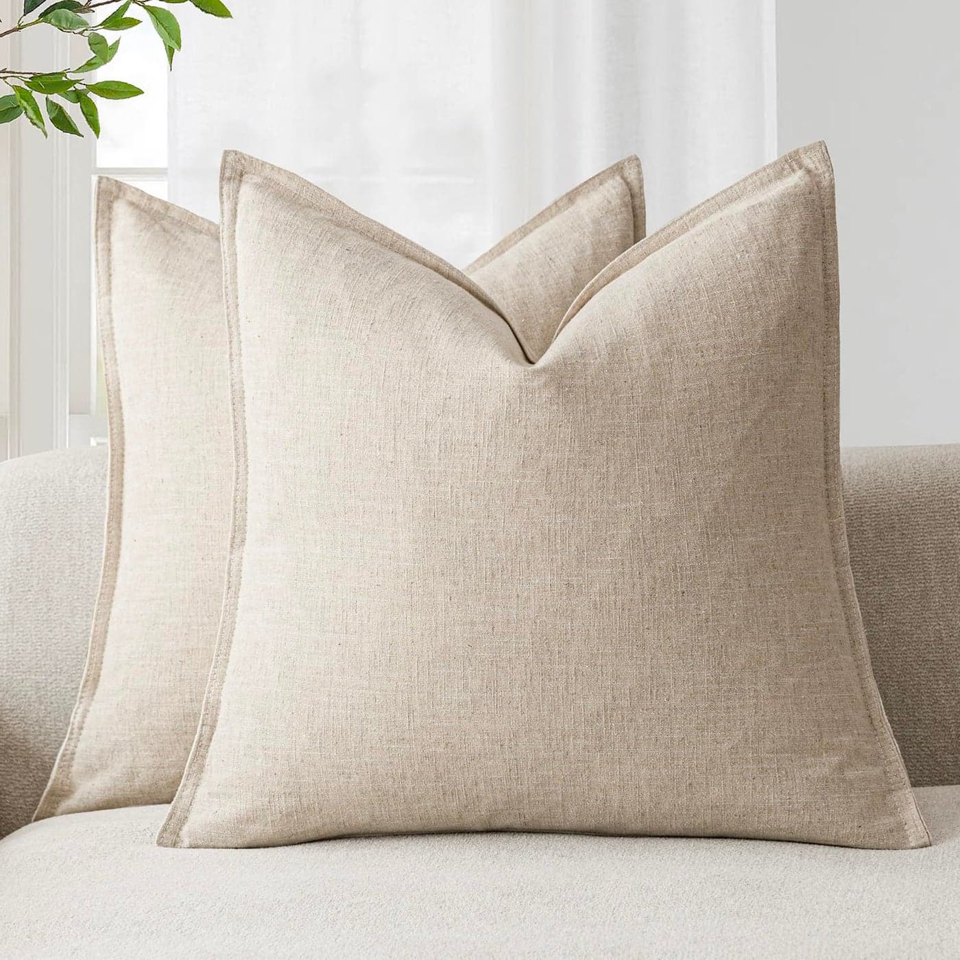 Foindtower Pack of 2 Decorative Linen Soild Throw Pillow Covers Soft Accent Cushion Case Boho Farmhouse Neutral Pillowcase for Couch Sofa Bedroom Living Room Home Decor 18 x 18 Inch Natural Beige