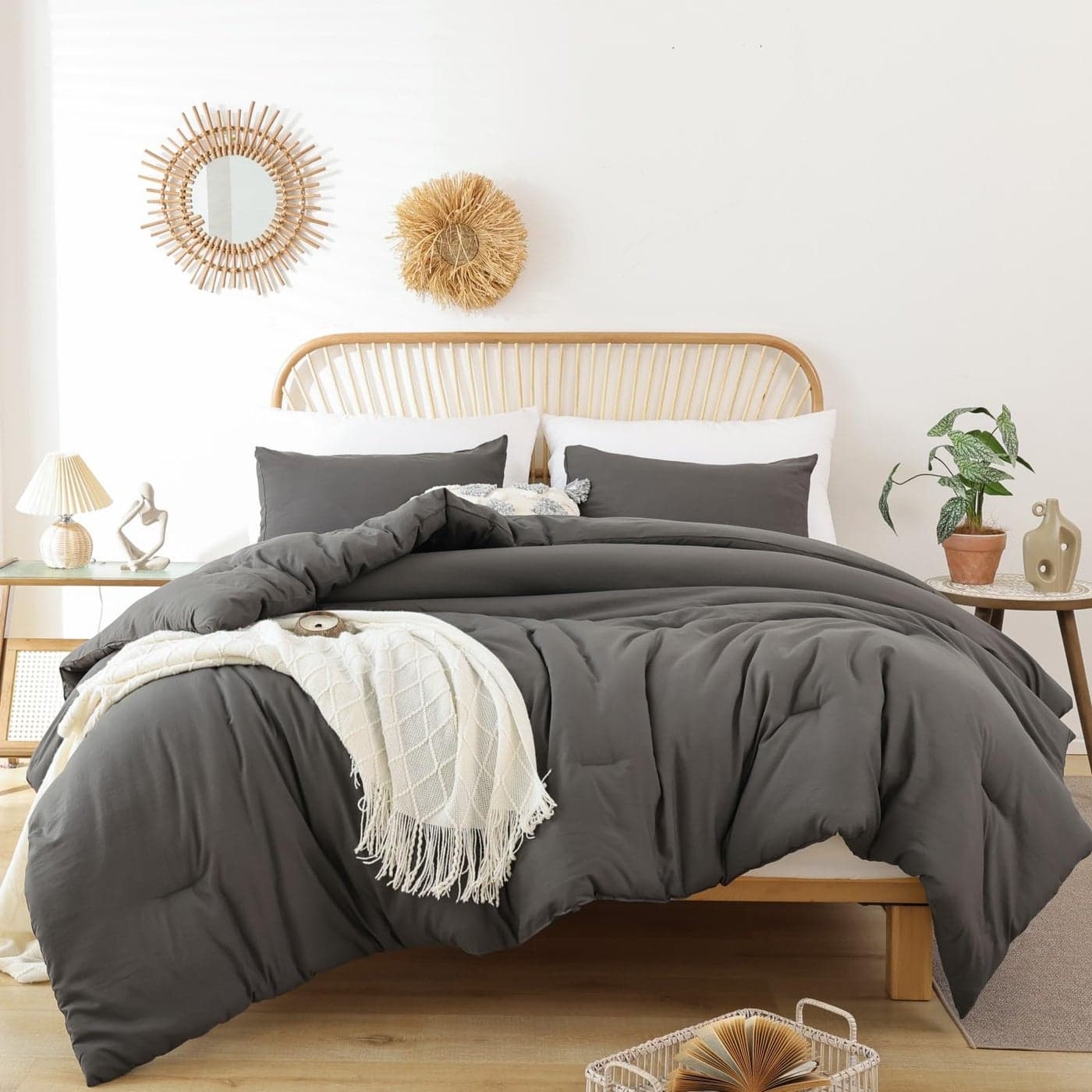 ROSGONIA Comforter Full Size for Girls Boys Teens Charcoal Grey 3pcs1 Dark Grey Comforter 2 Pillowcases Lightweight Dorm Bedding for All Season