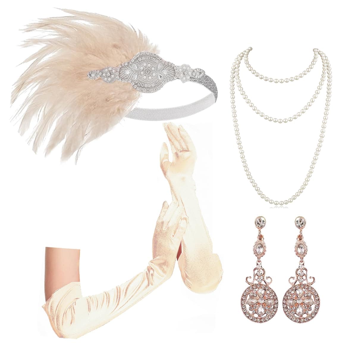 Cizoe 1920s Gatsby Accessories Set for Women Flapper Headband 20s Headpiece Necklace Gloves(c)