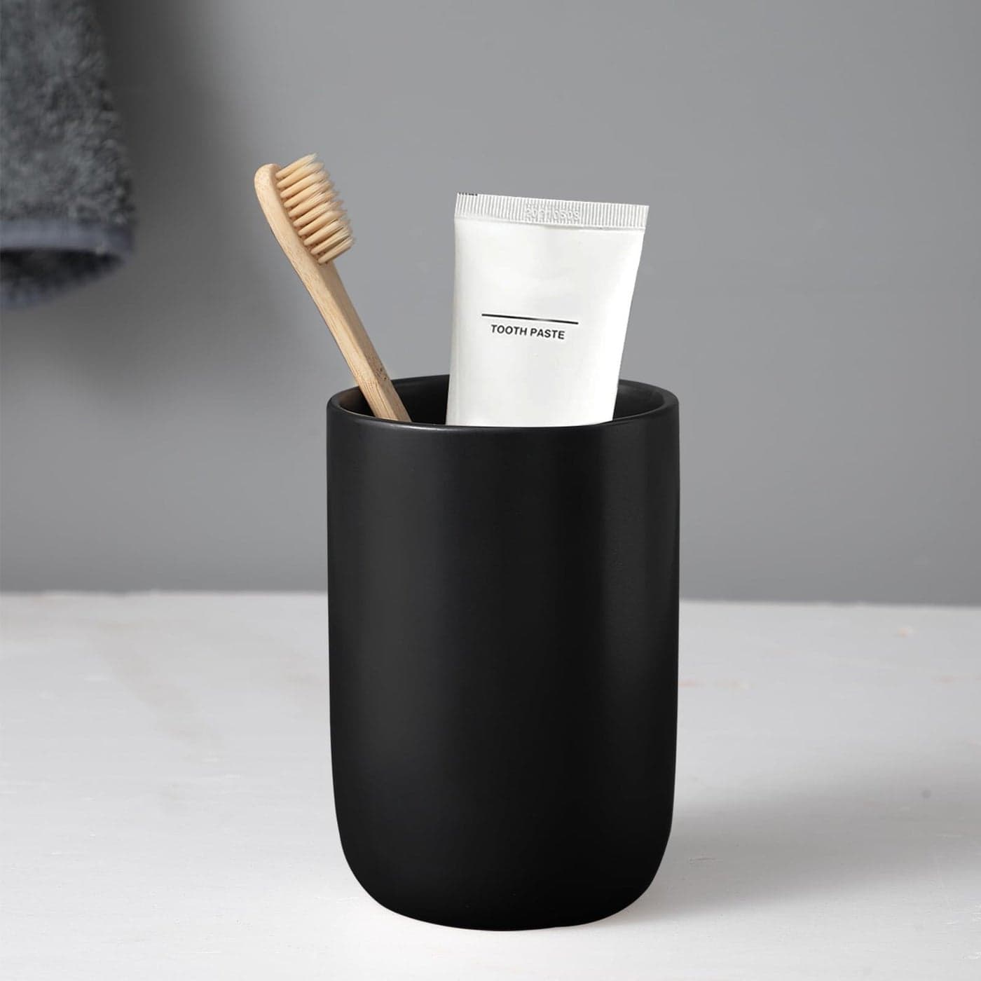 Matte Black Toothbrush Holders for Bathrooms 1 Cups Ceramic Toothbrush Toothpaste Holders Black Bathroom Tumbler Cup Reusable Toothbrush Cup Black Mouthwash Cup Bathroom Counter Organizer