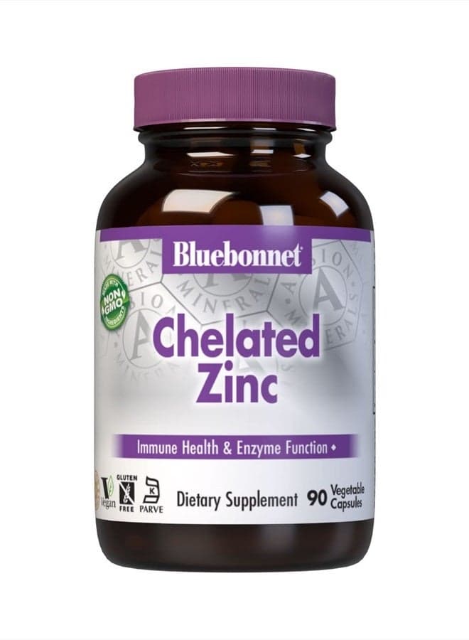 Bluebonnet Nutrition Albion Chelated Zinc, For Immune Health & Enzyme Function*, Soy-Free, Gluten-Free, Non-GMO, Kosher Certified, Dairy-Free, Vegan, 90 Vegetable Capsules, 90 Servings