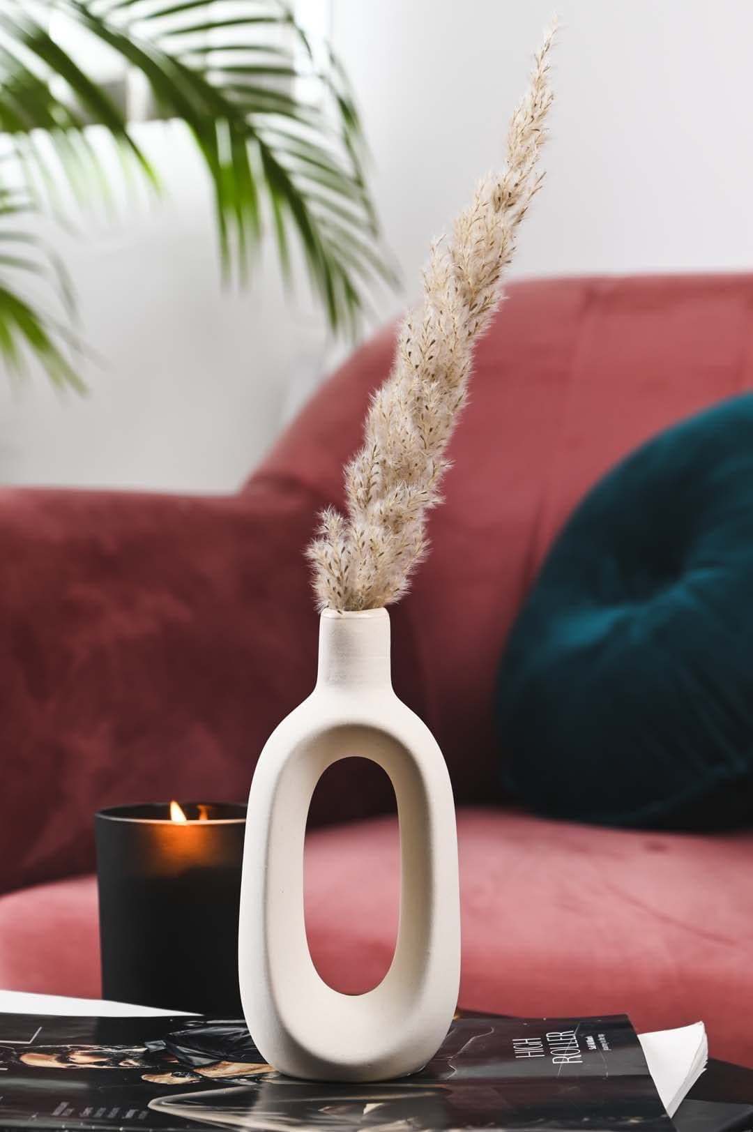 Purezento Modern Decorative Kieko Donut Vase Ceramic for Home Decor | Centerpieces | Office or Living Room with Unique Quality for Home Decor, Flowers Pot, Bedroom Side Corners (White,6 Inch)