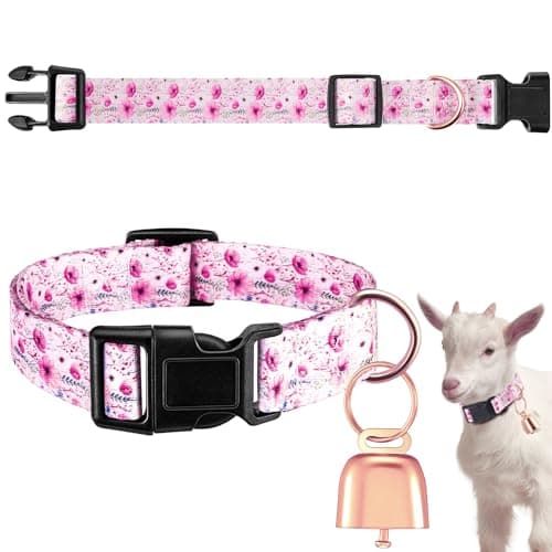 Yeyeplum Goat Collars with Bells, Sheep Grazing Copper Bells and Adjustable Nylon Collar Set Loud Bronze Bell for Spring Summer Small Farm Animal Sheep Cow Dog Accessories(Pink Rose)