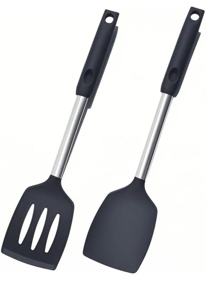 Silicone Spatula Set, Solid u0026 Slotted Non-Stick Turners, Heat Resistant BPA-Free Rubber Spatulas with Stainless Steel Handles for Fish, Eggs, Pancakes, Wok Cooking, Black, 2 Pack