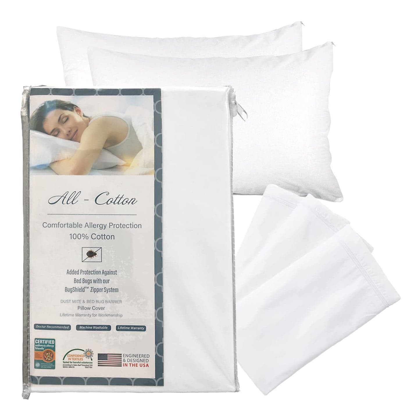 National Allergy Premium 100 Cotton Zippered Pillow Protector Queen Size White 4 Pack 300 Thread Count Hypoallergenic Bed Pillowcase with Zipper Breathable Encasement Cover