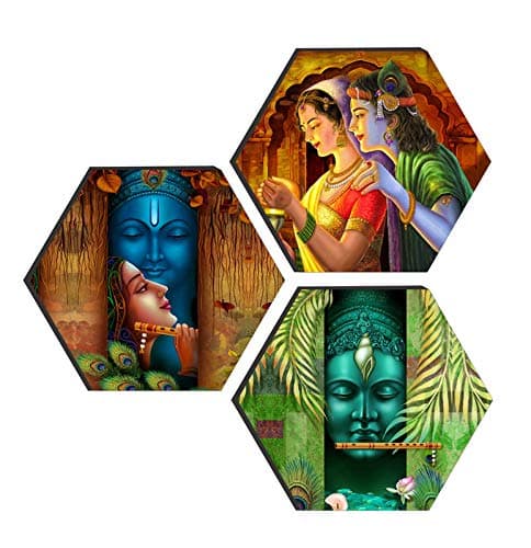 SAF paintings Set of 3 Hexagon Radha Krishna UV Textured Self Adessive Painting 17 Inch X 17 Inch SANFHX30270