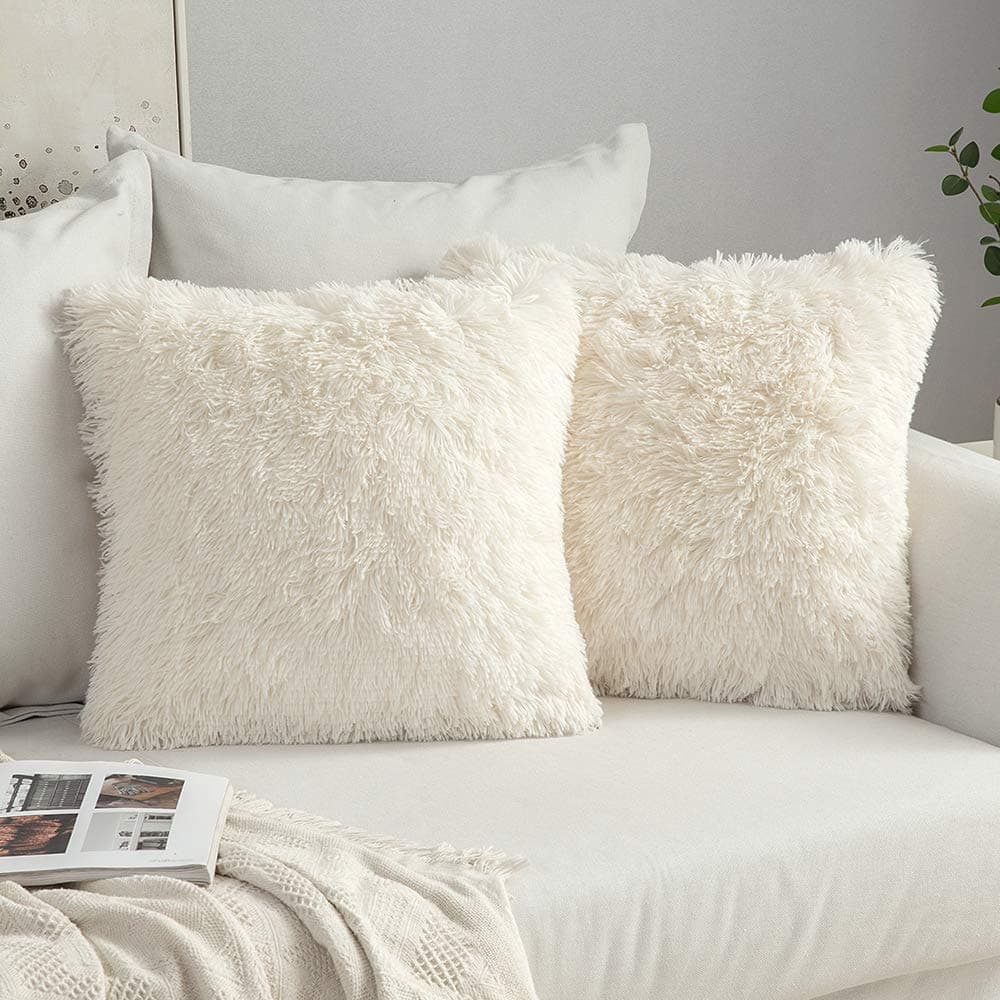 MIULEE Pack of 2 Luxury Faux Fur Throw Pillow Cover Deluxe Winter Decorative Plush Pillow Case Cushion Cover Shell for Sofa Bedroom Car 24 x 24 Inch Beige