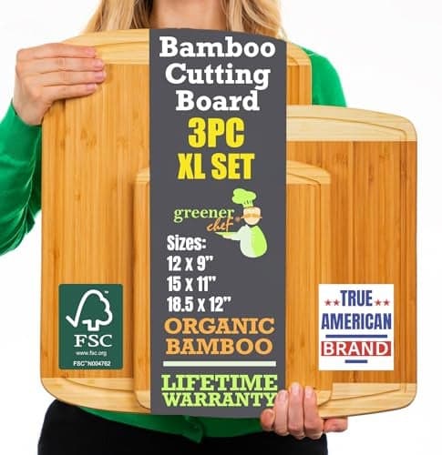 Organic Extra Large Bamboo Cutting Board Set of 3 with Lifetime Replacements – Premium Wooden Kitchen Boards for Chopping, Carving & Serving, Non-Toxic & Durable – by Greener Chef