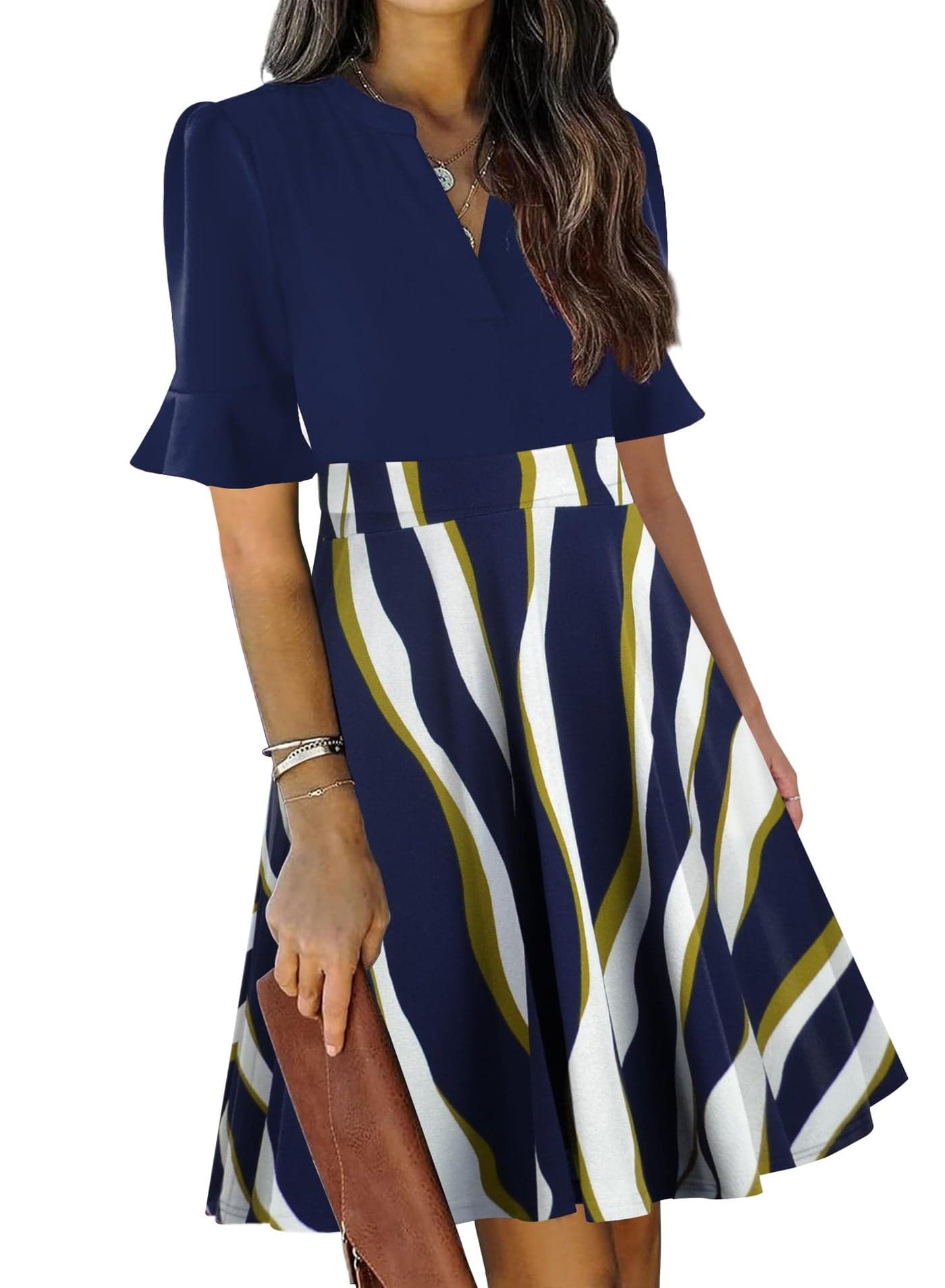 Dresses for Womens 2025 Summer Short Sleeve V Neck Sunday Church Modest Semi Formal Cocktail A-line Dinner Petite Swing Business Casual Professional Office Ladies Dress M