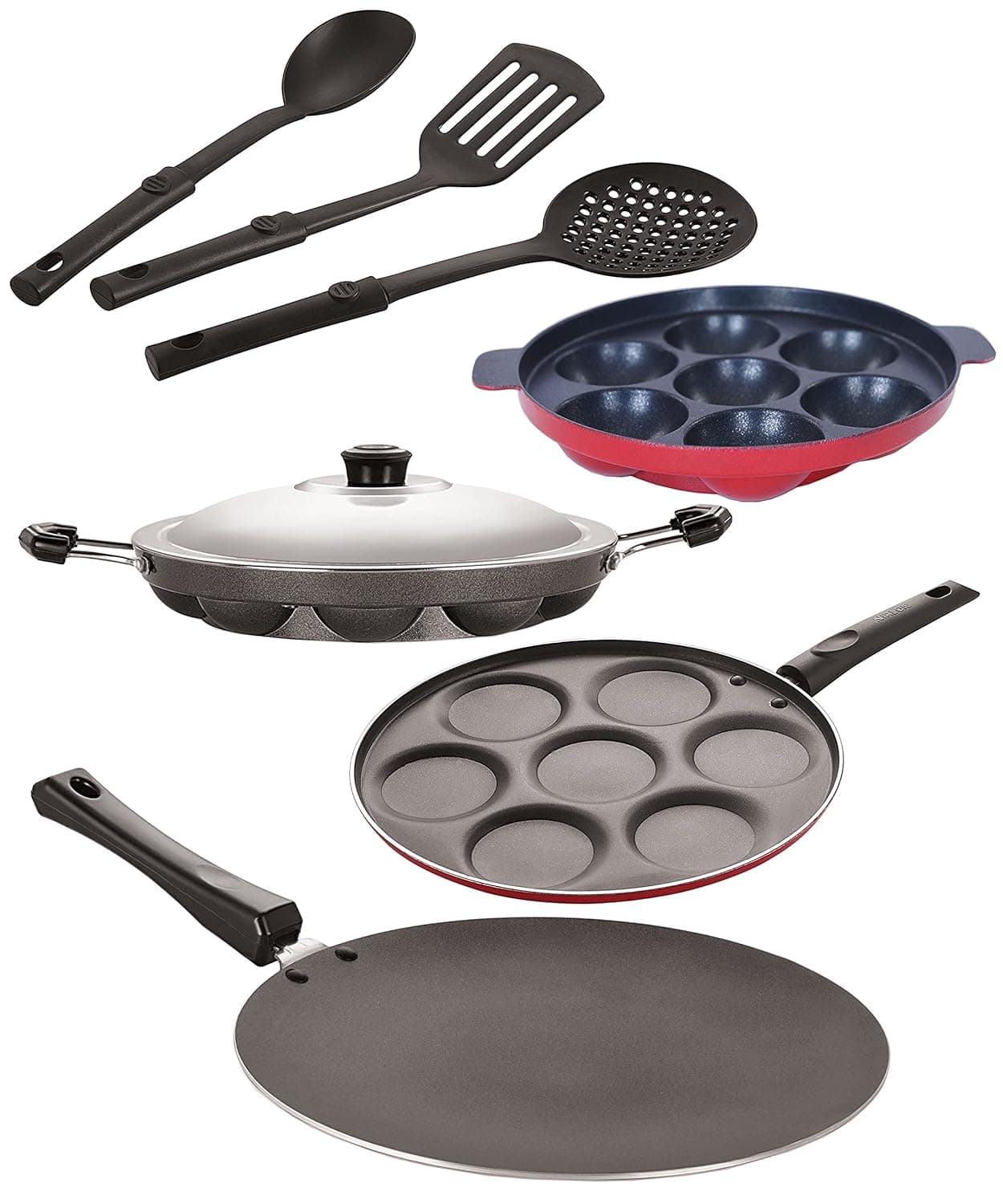 Nirlon Nonstick Coated Aluminium 7 Pcs Set of Concave Tawa-28.5cm,Appam-7 Cavity,Appam-12 Cavity,Uttapam-7 Cavity & 3 Spoon (2.6mm_CT12_AP(7)_AP(12)_UP7_3SPN)