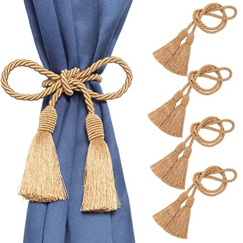MALANOV 4 Pack Curtain Tiebacks Handmade Decorative Curtain Holdbacks Rope with Tassel - Gold
