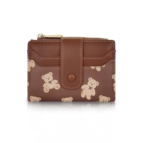 AfitLulu Cute Wallet for Women, Bear Print Zip Bifold Wallet with Front Card Slot, ID Window, Cash Slot, Short Women Wallet Elegant Youthful and Cute (Brown)