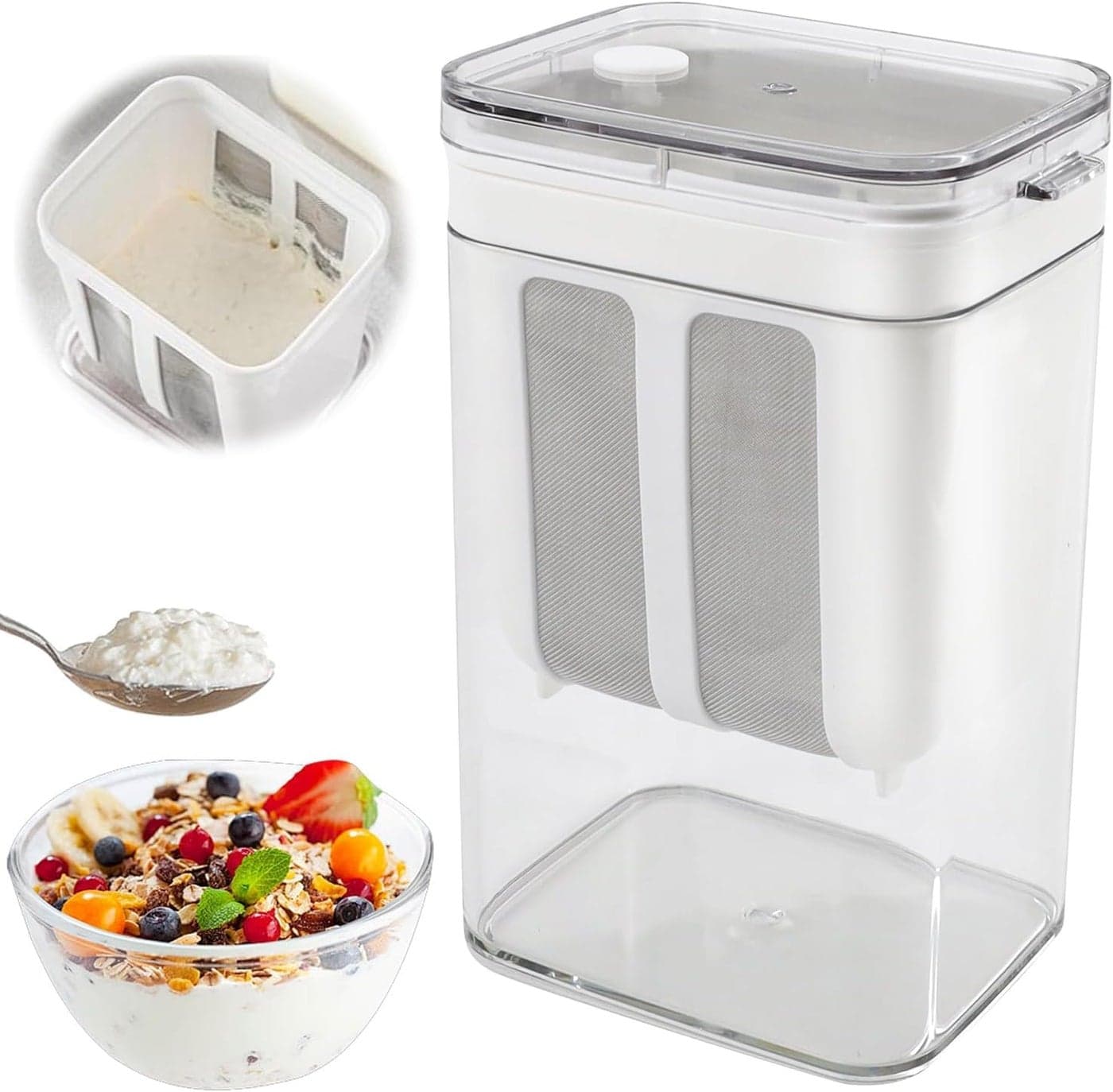 KELVEE Multifunctional Yogurt Filter with Fine Mesh Strainer Home Essentials 1100ML Greek Yoghurt Curd Maker Container with Lid for Cheese Nuts Milk Sauces Fruit Juice Honey Kitchen Tools White