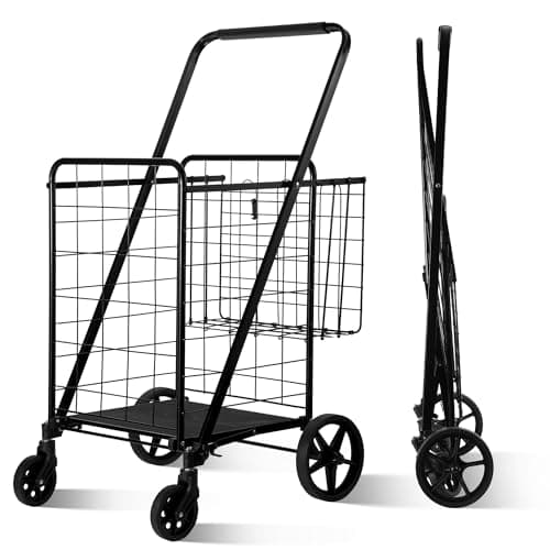BIEAMA Folding Shopping Cart Grocery Cart 340 Lb Capacity Utility Cart with 360 Rolling Swivel Wheels Large Extra Basket
