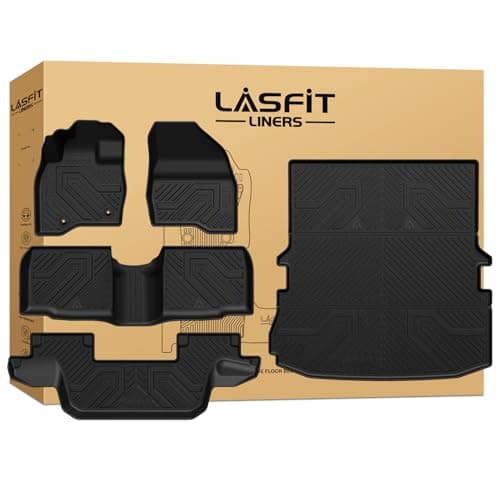 LASFIT Floor Mats & Cargo with Backrest Mat for Ford Explorer 2015-2019 7 Seats All Weather Protector TPE Easy Clean Car Floor Liner Custom Fit for 5-pc Full Set Black