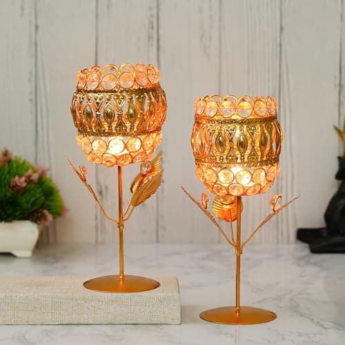 WebelKart New Premium Crystal Rose Brass Candle Holder for Decoration -Candle Stand for Diwali - Diwali Candle Holder (Model-2)